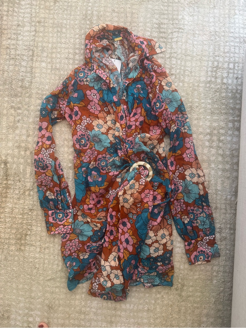 Dodo bar or Floral Belted Shirt Dress in Rust, Teal & Pink